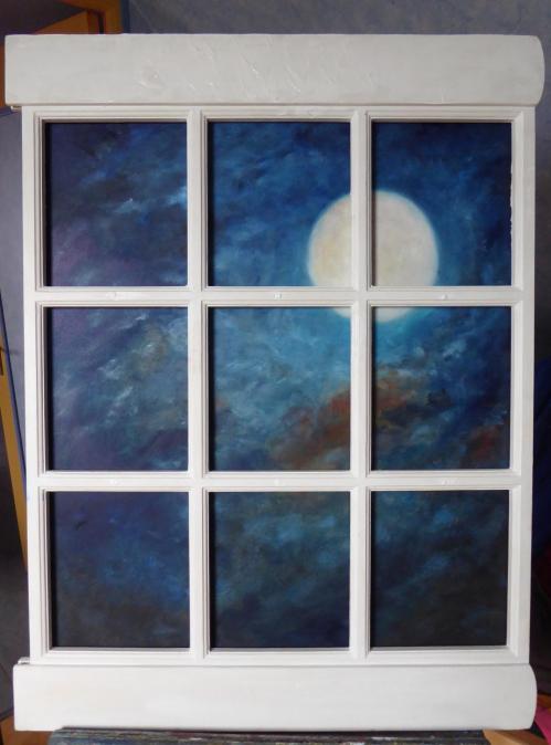 Nuit de pleine lune, huile sur panneau dans une fenêtre